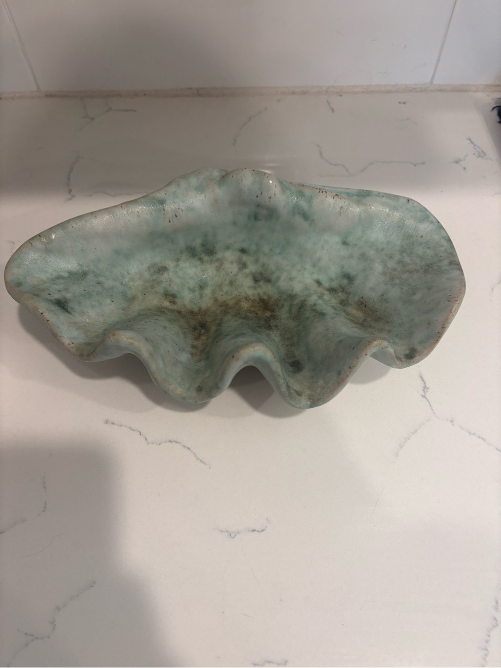 Ceramic Sculptural Clam Shell Bowl in Seafoam Green- Peter’s Pottery